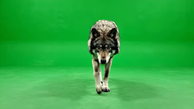 Wolf Walking Forward on Green Screen - This video shows a wolf in full body walking towards the camera against a green screen background, suitable for compositing.