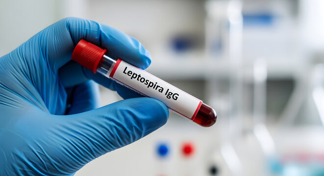 Hand in blue glove holding test tube labeled Leptospira Ig G blood laboratory