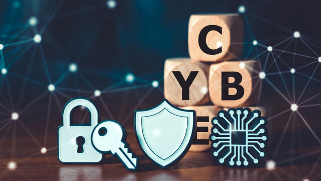 Cybersecurity icons are arranged with wooden blocks spelling "CYB" against a network background.