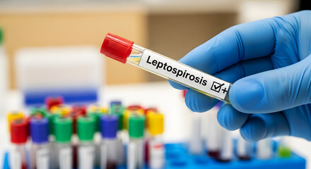 Fototapeta premium Hand in blue glove holds test tube labeled Leptospirosis positive medical laboratory