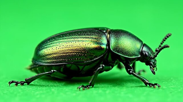 Shiny Beetle Crawling on Green Screen - A close-up studio shot shows a vibrant green beetle crawling on a green screen surface.