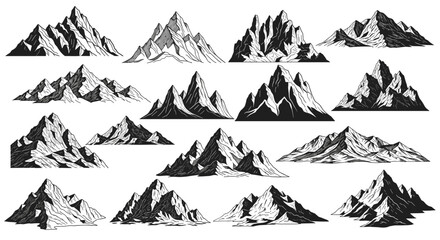 Fototapeta premium Comprehensive collection of hand-drawn mountain peaks and rocky ranges in a classic black and white engraved illustration style.