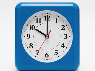 Blue square clock with white face showing 7 oclock on isolated white background with black and red hands