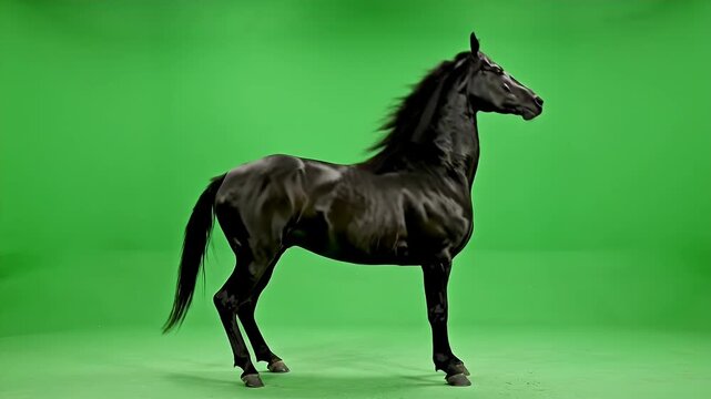 Majestic Black Stallion Rearing on Green Screen - A powerful black stallion is captured in a dramatic pose, rearing up on its hind legs against a vibrant green screen.