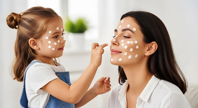 Little girl applies cream dots to mothers face with playful innocence daughter child
