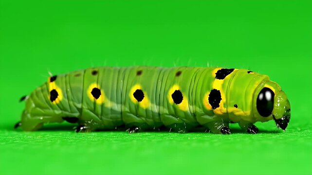 Full Body Shot of Green Caterpillar on Green Screen - A vibrant green caterpillar with black and yellow markings crawls slowly across a green screen.