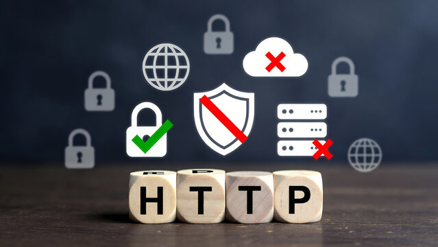 Wooden cubes spelling HTTP are surrounded by cybersecurity icons, highlighting internet security concerns.