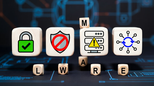 Floating blocks with security icons and the word 'MALWARE' illustrate a cyber threat.