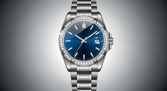 Luxury silver watch with blue dial and diamond bezel