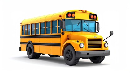 Bright yellow cartoon school bus with tinted windows parked on a white surface