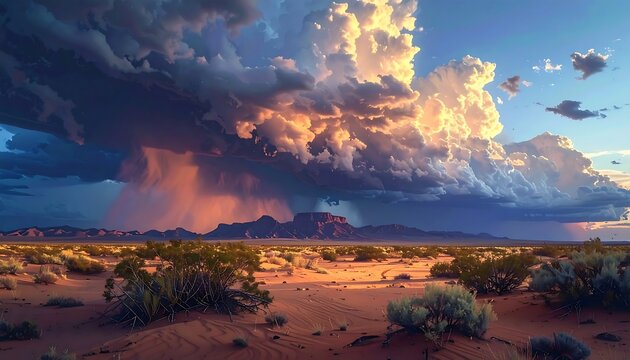 A desert landscape with a large storm cloud and rain