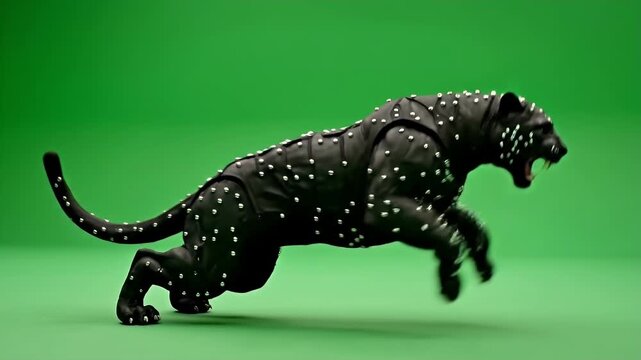 Motion Capture Animal Animation on Green Screen - This video shows a detailed full body animation of a black panther, posed against a bright green screen backdrop.