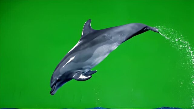 Dolphin Leaping on Green Screen - A dolphin jumps out of the water in front of a green screen backdrop. The aquatic mammal is captured mid-air with water splashing around it.
