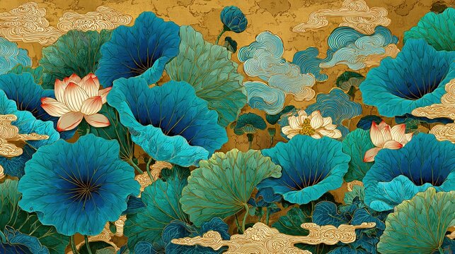 Colorful traditional illustration of lotus in blue green yellow with floating clouds golden background