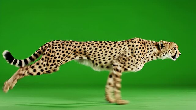 Cheetah Sprinting on Green Screen - A cheetah is captured in mid-sprint against a green screen background, its body displaying dynamic motion blur.