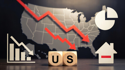 Economic downturn in the US illustrated with charts and a map.