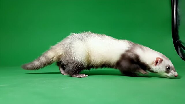 Curious Ferret Sniffing on Green Screen - A full body shot features a ferret sniffing curiously in a studio. The ferret is positioned against a bright green screen backdrop, ideal for compositing.