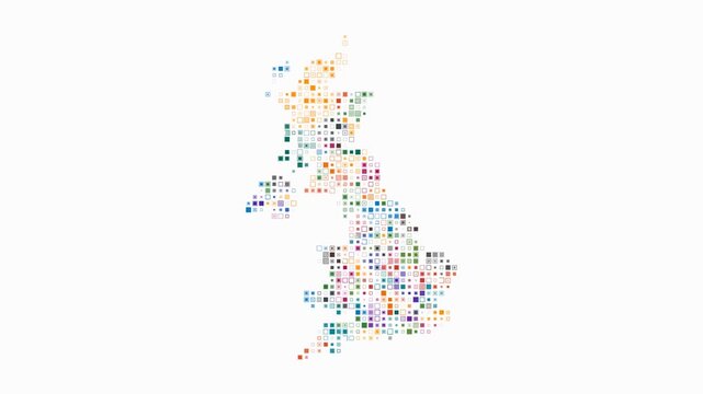 United Kingdom map animation. Shape of the country with pulsating colored dots. Small size square blocks. Digital style United Kingdom map on white background. Plain video.
