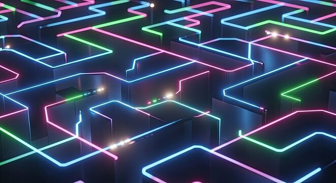 Neon lit maze with colorful glowing paths and complex routes in a dark background representing problem solving and navigation