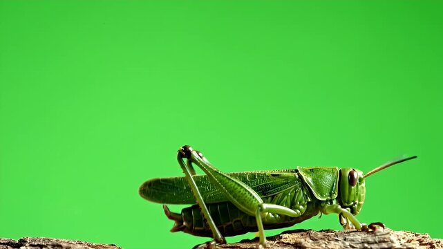 Grasshopper on Green Screen - A vibrant green grasshopper is poised to jump forward, standing on a weathered piece of wood.