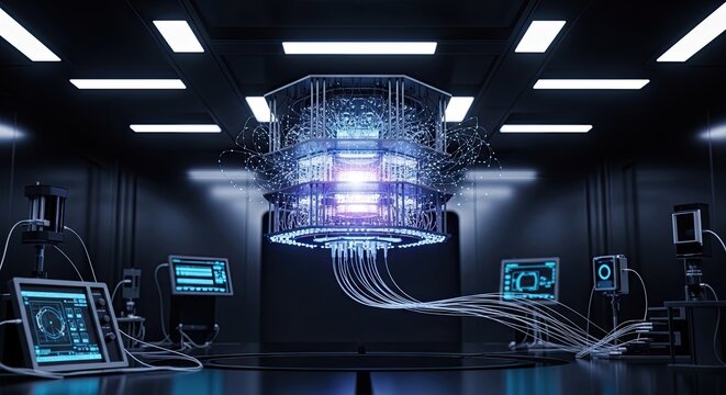 Futuristic server room with glowing blue data center and computer equipment representing advanced technology and artificial intelligence