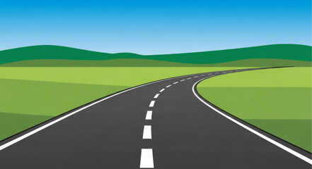 Empty Asphalt Road Winding Through Green Fields Under Blue Sky.