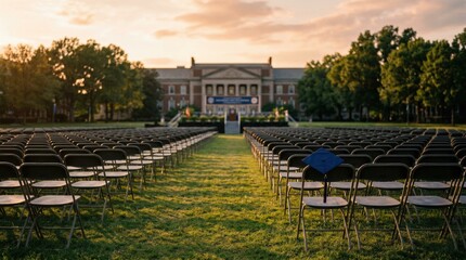 Obraz premium Empty folding ceremony chairs in neat rows on a campus lawn after a graduation with a single blue cap on a seat during golden hour sunset with copy space