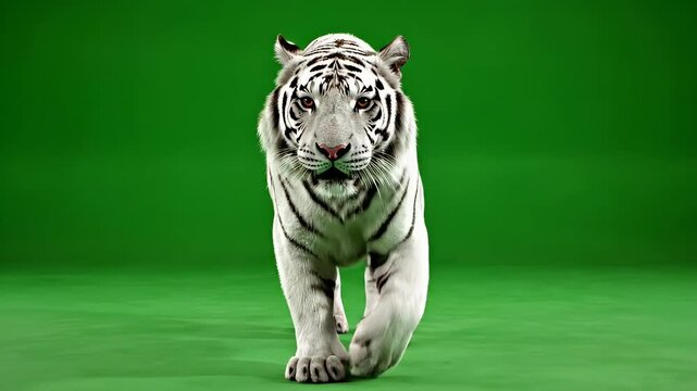 Majestic White Tiger on Green Screen - A full-body shot showcases a realistic-looking white tiger confidently walking towards the camera on a vibrant green screen background.