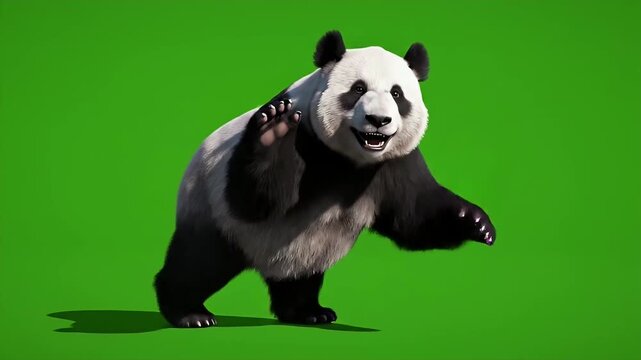 Panda Walking on Green Screen - A full body view of a panda slowly walking forward. The background is a solid green screen color.