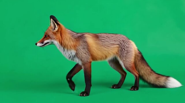 Majestic red fox standing on green background with alert expression