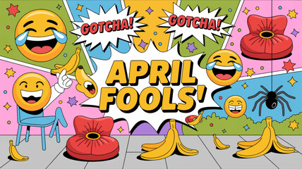 Fototapeta premium Colorful april fools' day emoticons with punchline and banana prank on wooden floor