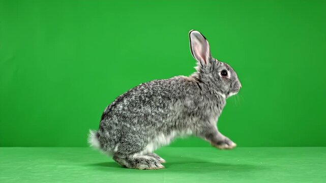 Rabbit hopping on Green Screen - A full body shot of a gray rabbit hopping on a green screen background. The animal is in motion, captured mid-jump, with one paw raised.