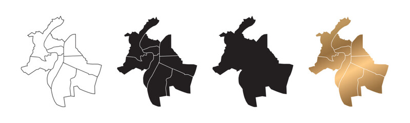 Vector maps of Lyon, France, in various styles, with black and gold line art. © Eakglory