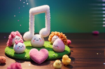 Obraz premium Cute plush characters gather around a musical note on green grass