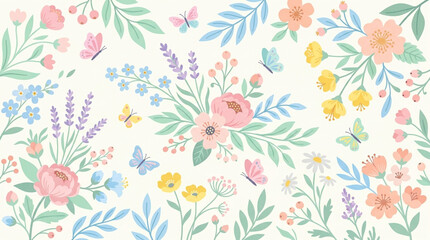 Fototapeta premium Vibrant floral illustration with blooming flowers butterflies on white background spring and summer decoration