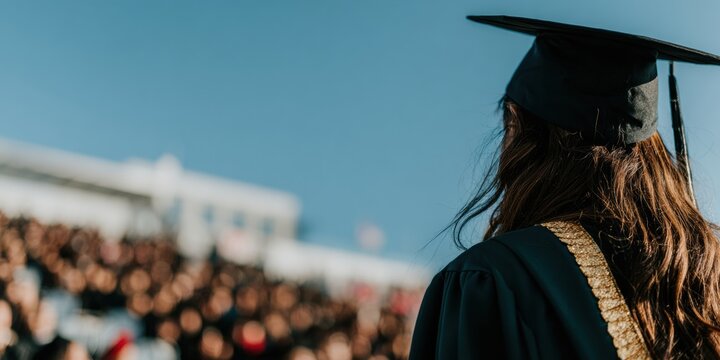 Rear view of student wearing graduation cap and gown looking at a crowded ceremony outdoors university academic achievement and commencement background with copy space