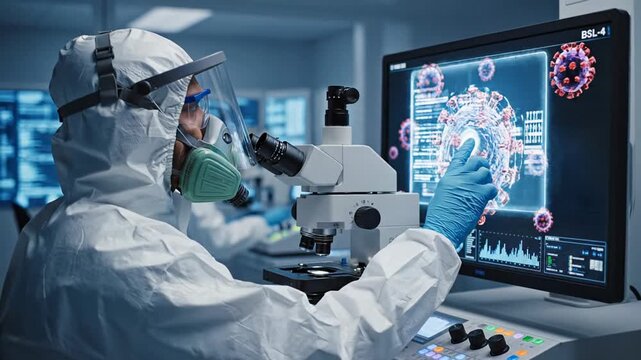 Scientist in protective suit studies virus imagery on a lab monitor beside a microscope, conveying focused urgency and advanced biomedical research in a modern laboratory