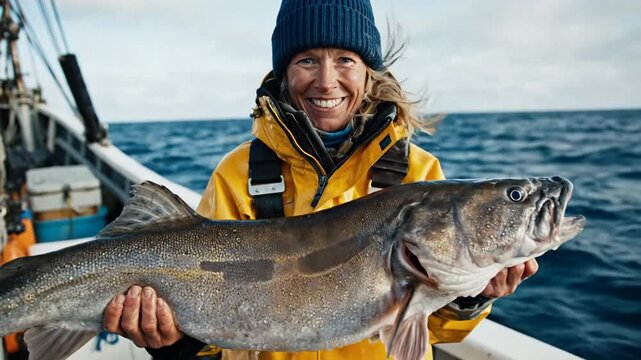 Smiling fisher in yellow rain jacket holds a large salmon on a boat at sea, cold windy day with rugged ocean backdrop, outdoor adventure and success