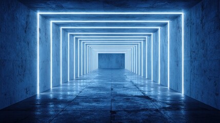 Abstract futuristic tunnel with neon lights and reflective surfaces