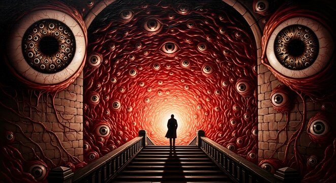 Abstract Psychological Horror of Red Organic Tunnel with Thousand Eyes: phobia concept
