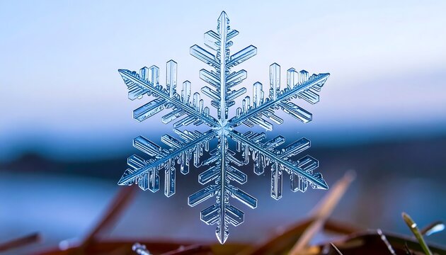 A delicate snowflake rests on a leafy surface against a blurred background