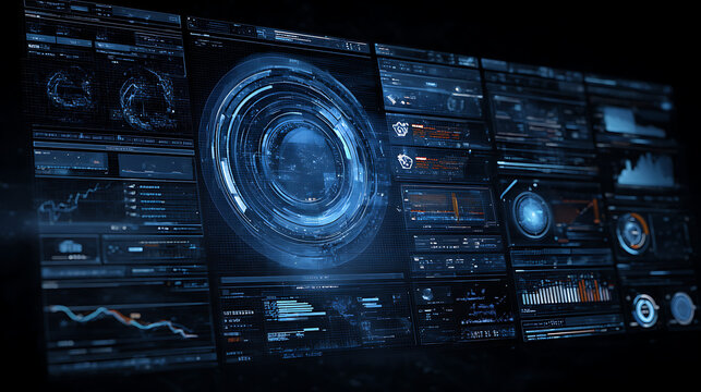 Advanced digital interface displays a glowing human brain. Data panels surround the neural structure. Blue light illuminates futuristic technology. Complex networks connect to the brain model
