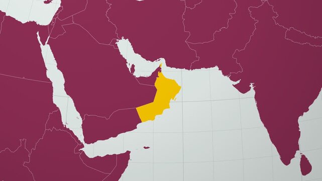 Oman map. Animated zoom into the country on the Globe in Pale Mint Dark Pink color palette. Country logo animation with round text and airplanes. Map with meridians, parallels. Awesome video.