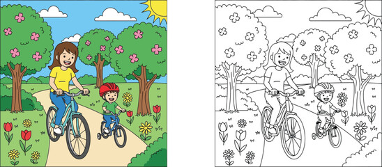 Naklejka premium Mother and young son cycling in a spring park, full color and black and white line art coloring page for kids. Vector illustration of family outdoor activity.