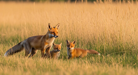 Obraz premium Red Fox Family in Field