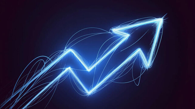 Glowing Blue Arrow Graph with Zigzag Pattern and Swirling Lines Indicating Growth and Progress