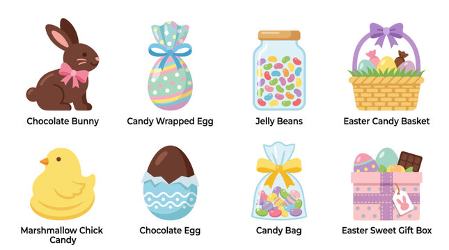 Easter Candy Vector Illustration Collection &ndash; Chocolate Bunny, Jelly Beans, Marshmallow Chick, Wrapped Eggs, Candy Basket, Sweet Gift Box, Festive Holiday Treats, Decorative Seasonal Art