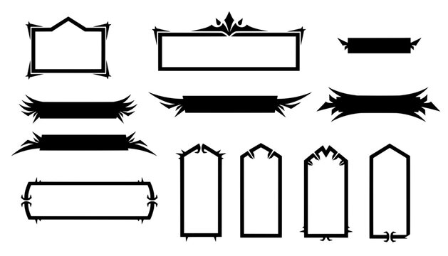 Collection of black gothic frames, spiky banner ribbons, and sharp border vector elements. Ideal for fantasy game UI, tattoos, or dark text boxes