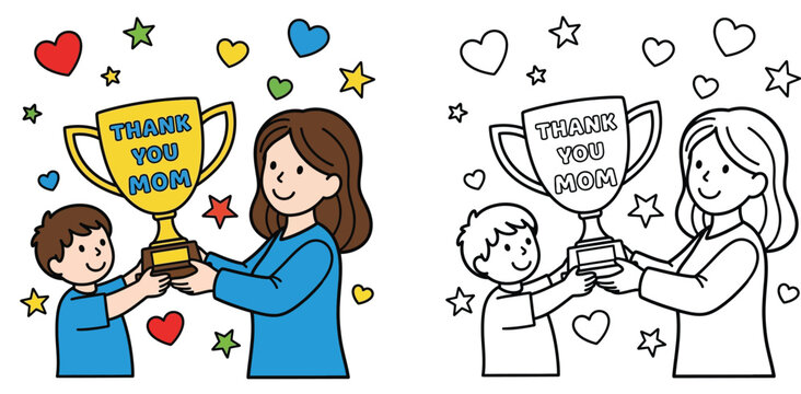 Child giving a Thank You Mom trophy to mother, full color and black and white line art coloring page for kids. Vector illustration of Mother's Day celebration and love.