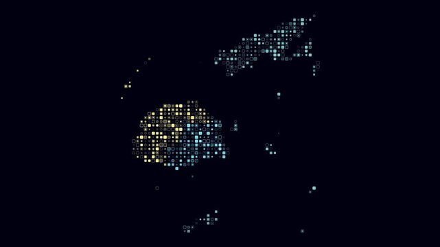 Fiji map animation. Shape of the country with pulsating colored dots. Small size rounded square blocks. Digital style Fiji map on dark background. Classy video.